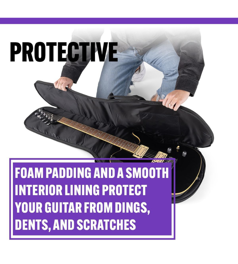 Guitar case with a guitar inside, highlighting protective features.