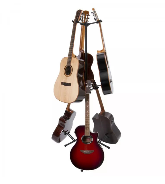 Guitar stand holding multiple guitars on a white background