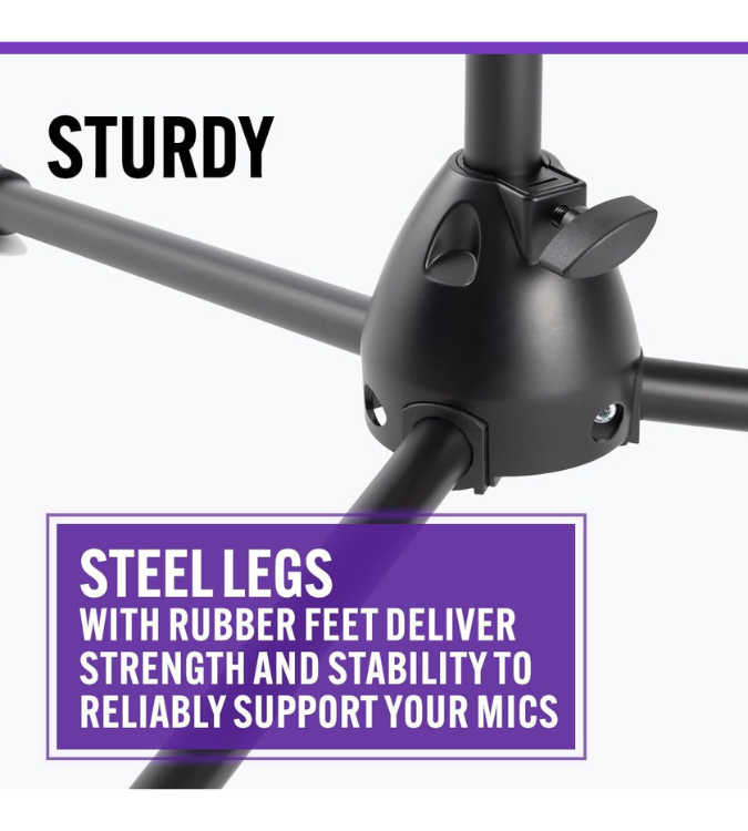 Black microphone stand with text highlighting sturdy steel legs and rubber feet.