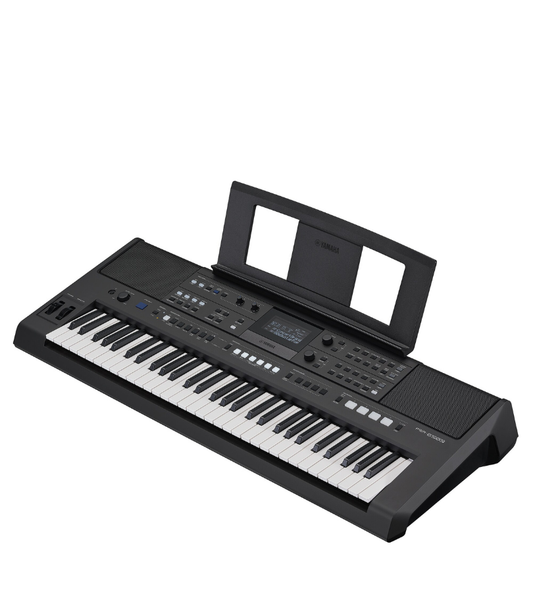 Black electronic keyboard with display on a white background