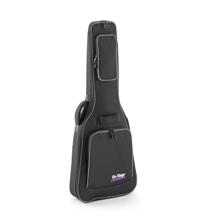 Black guitar case with On-Stage logo on a white background