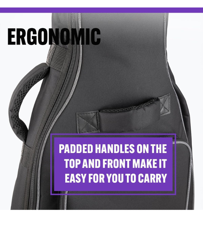 Backpack with ergonomic features highlighted, including text about padded handles.
