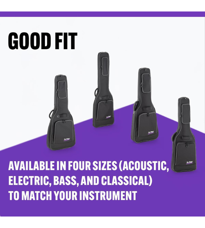 Four guitar cases on a purple and white background with text about size availability.