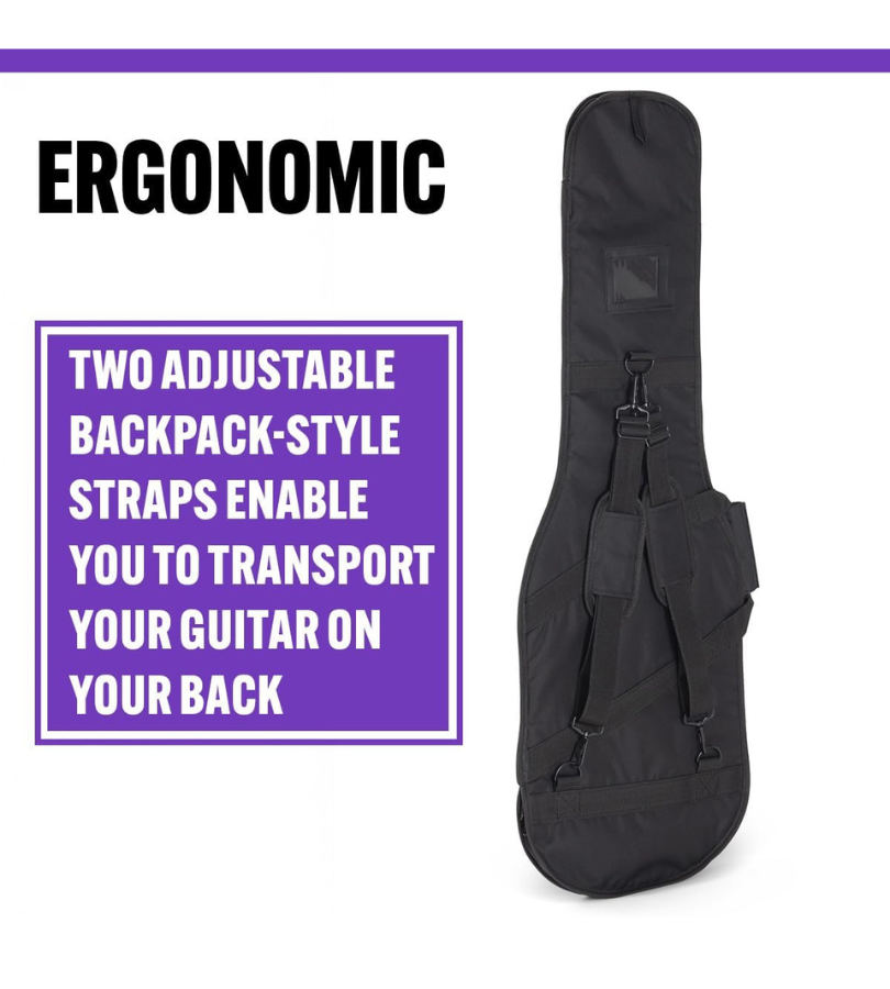 Black guitar bag with text highlighting ergonomic design and adjustable straps on a white background