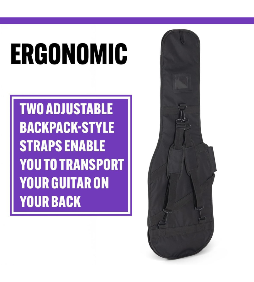 Black guitar bag with text highlighting ergonomic design and adjustable straps on a white background