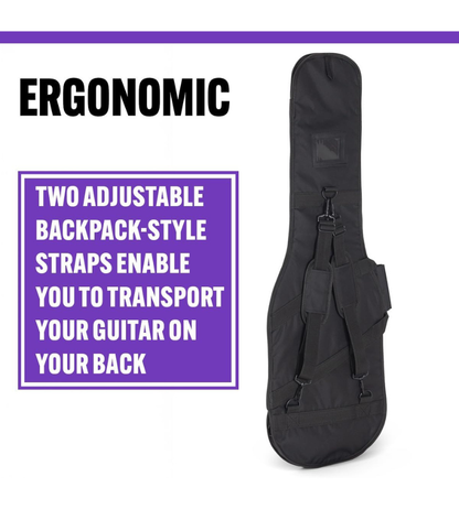 Black guitar bag with text highlighting ergonomic design and adjustable straps on a white background