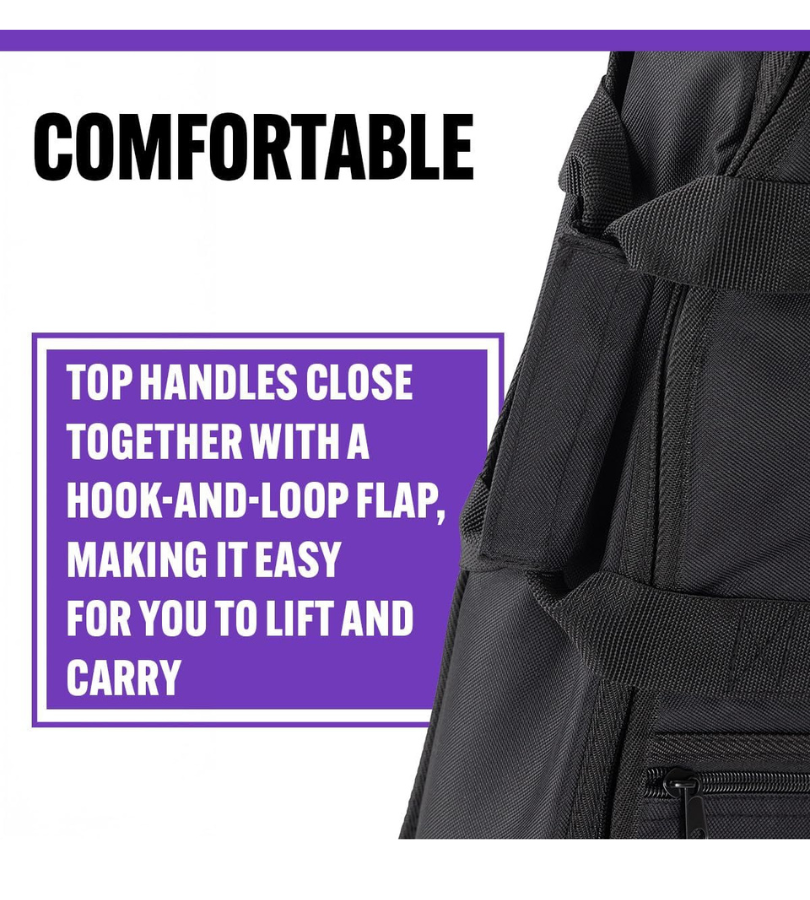 Black bag with text describing its comfort and ease of use