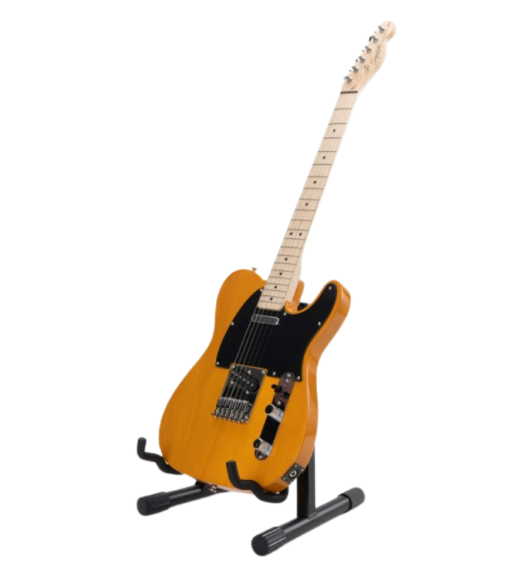 Electric guitar on a stand against a white background