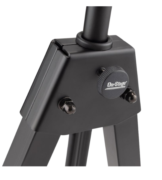 Black microphone stand with On-Stage logo on a white background
