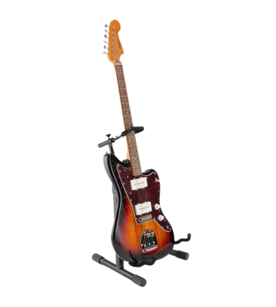 Electric guitar on a stand against a white background