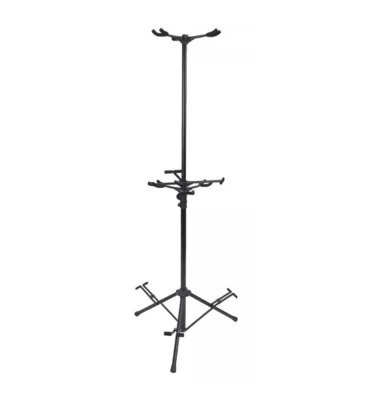Black adjustable music stand on a white background