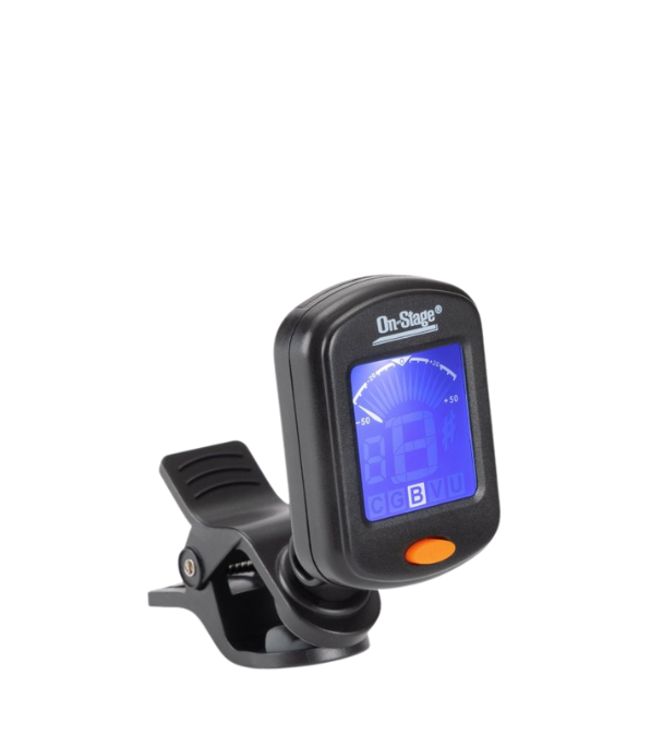 Black digital guitar tuner with blue display on a white background