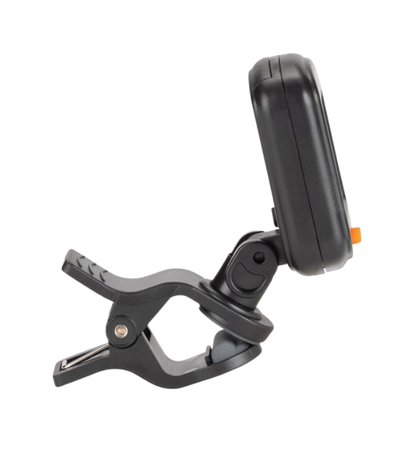 Black clamp-mounted device on a white background