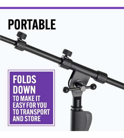 Black adjustable stand with text highlighting its portability on a white background
