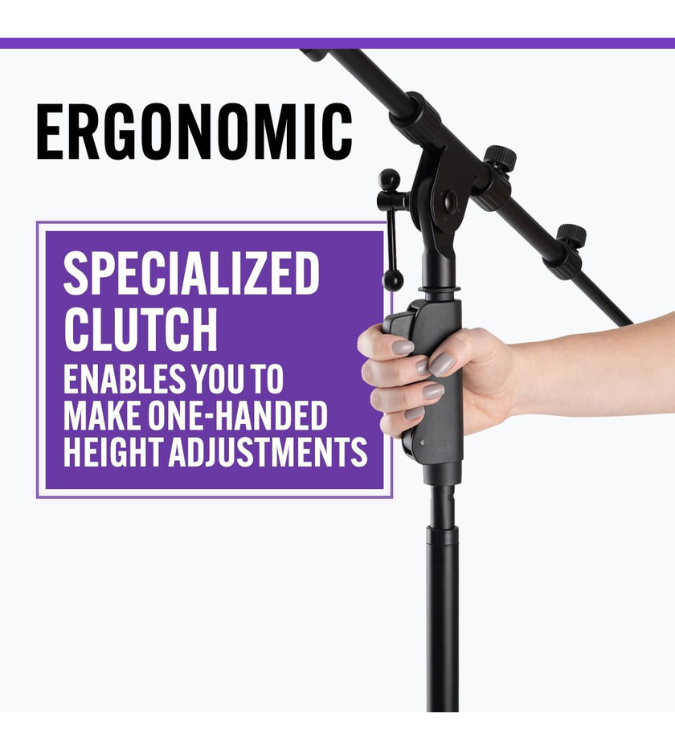Hand holding a black adjustable stand with ergonomic specialized clutch feature on a white background