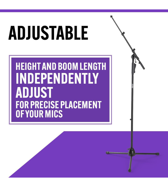 Microphone stand with text indicating adjustable height and boom length on a white background.