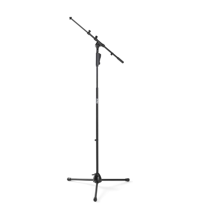 Black microphone stand on a white background