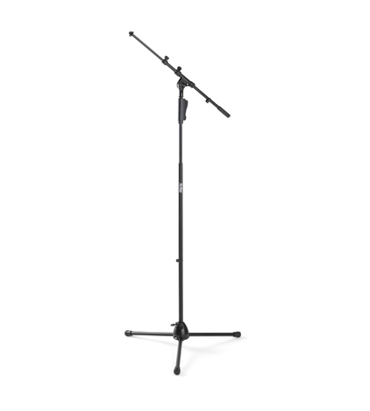 Black microphone stand on a white background