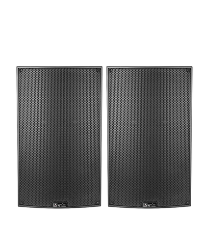 Pair of black speakers on a white background