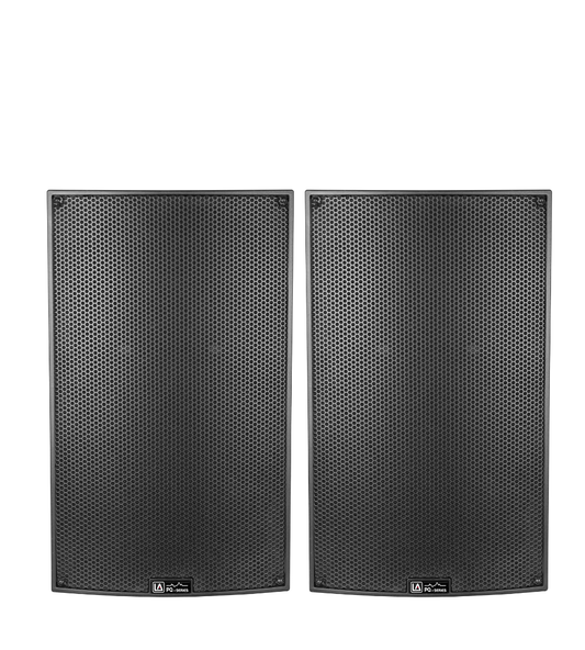 Pair of black speakers on a white background