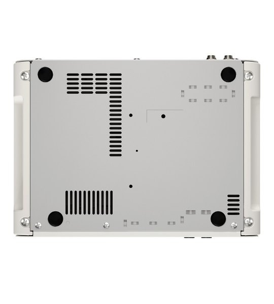 Back view of a metallic electronic device with ventilation grills on a white background