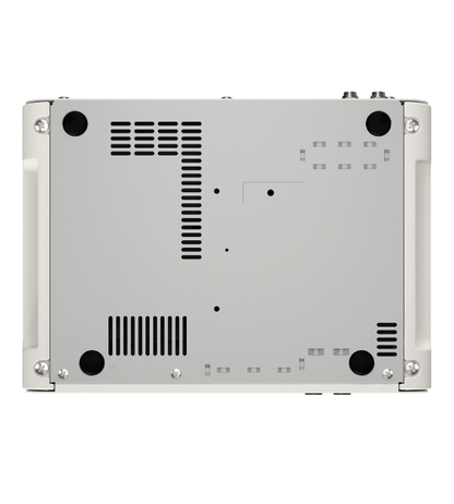 Back view of a metallic electronic device with ventilation grills on a white background