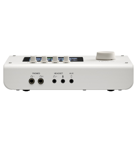 White audio interface with multiple ports on a white background