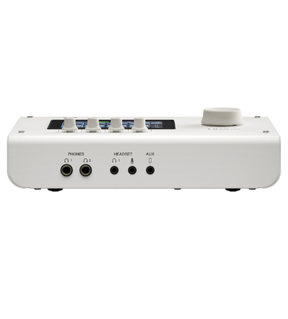 White audio interface with multiple ports on a white background
