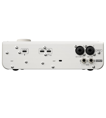 Back view of a white audio interface with various ports on a white background