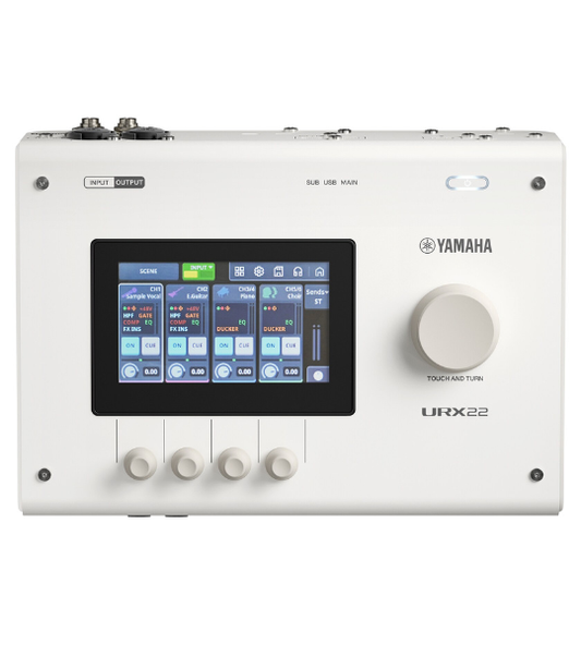 Yamaha URX22 audio interface with display and control knobs on a white background