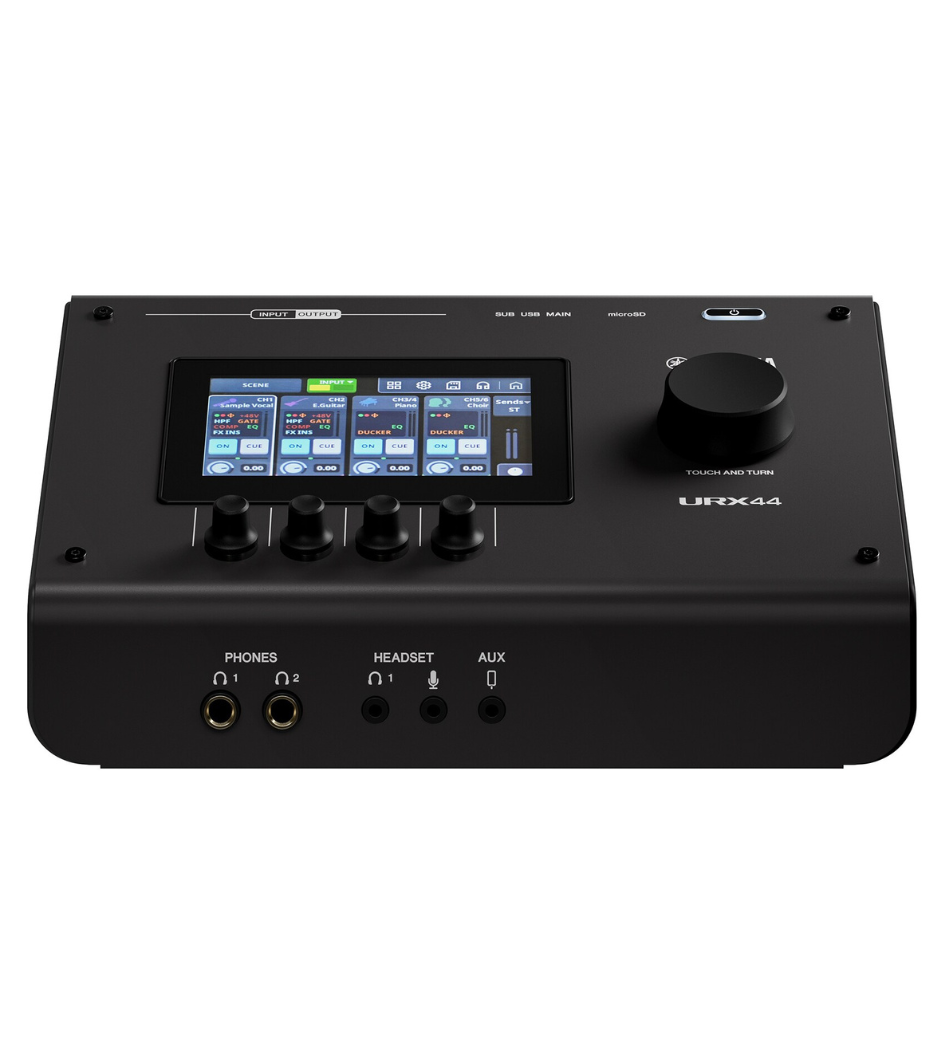 Black audio interface with display and control knobs on a white background