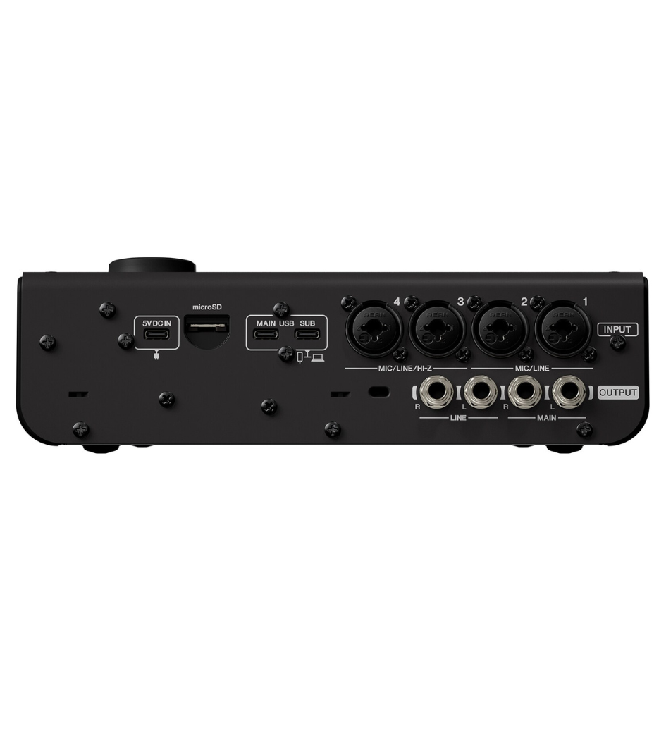 Back panel of a audio interface with various ports on a white background