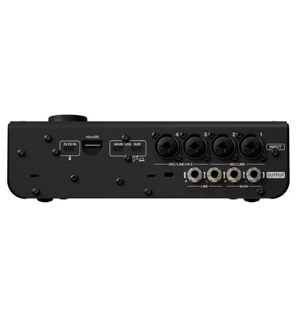 Back panel of a audio interface with various ports on a white background