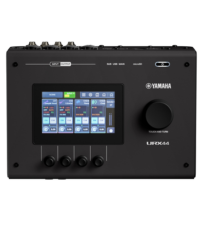 Yamaha URX44 audio mixer with display on a white background